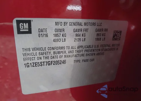 2016 Chevrolet Malibu 1Lt из США, поврежденный, VIN 1G1ZE5ST7GF205246